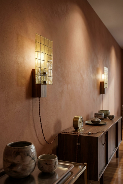Mid-Century Modern Amber Grid Glass Wall Sconce with Solid Walnut Wood Base