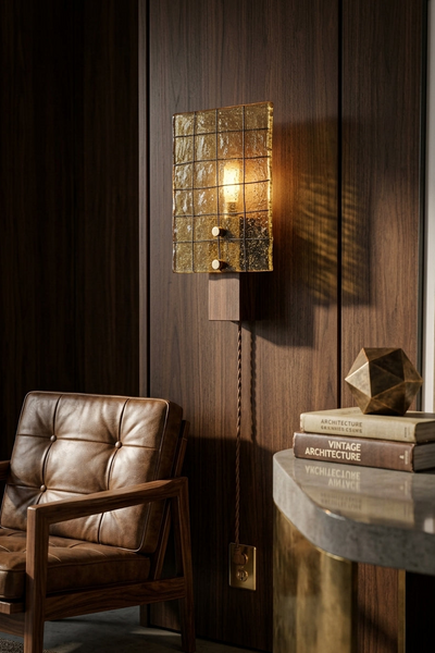 Mid-Century Modern Amber Grid Glass Wall Sconce with Solid Walnut Wood Base