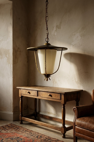 Vintage Brass and Opal Glass Lantern Pendant Light
