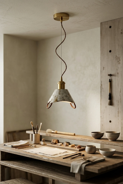 Handcrafted Wabi-Sabi Marble Texture Ceramic Pendant Light with Brass Accents