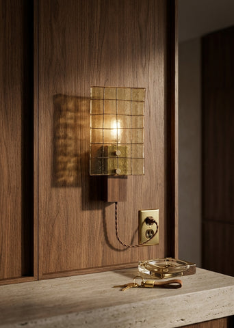 Mid-Century Modern Amber Grid Glass Wall Sconce with Solid Walnut Wood Base