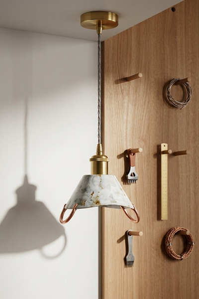 Handcrafted Wabi-Sabi Marble Texture Ceramic Pendant Light with Brass Accents