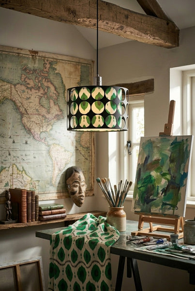 Modern Hollow-Out Metal Pendant Light with Green Geometric Inner Shade