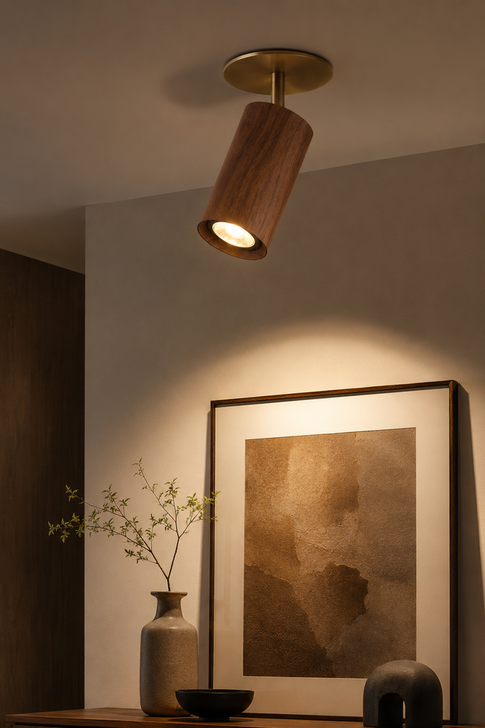 Modern Solid Wood and Brushed Brass Adjustable Recessed Spotlight
