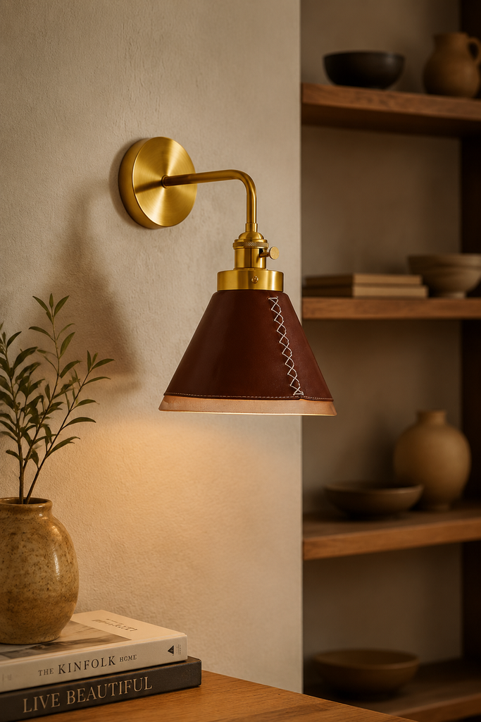 Modern Leather Wall Sconce with Hand-Stitched Shade