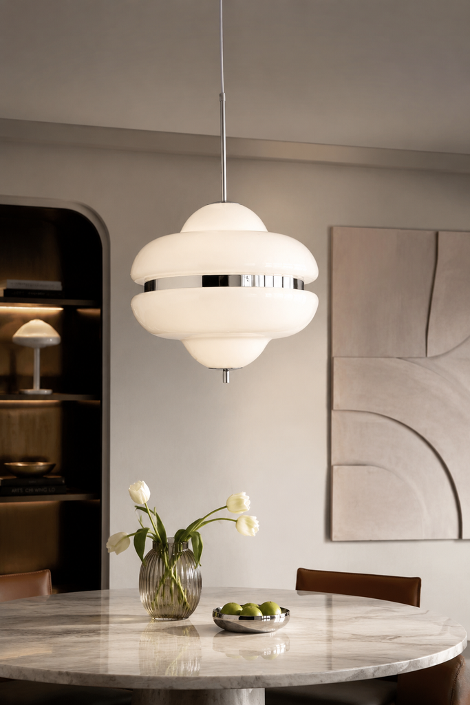 Mid-Century Modern Opal Glass Pendant Light with Polished Chrome Accents