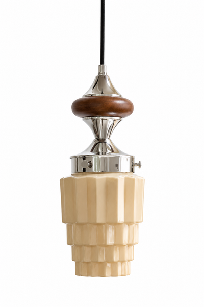Mid-Century Modern Pleated Glass Pendant Light with Wood Accent