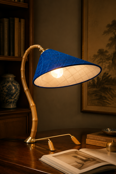Modern Bamboo Style Table Lamp with Quilted Blue Velvet Shade