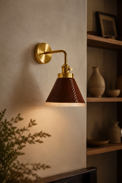 Modern Leather Wall Sconce with Hand-Stitched Shade