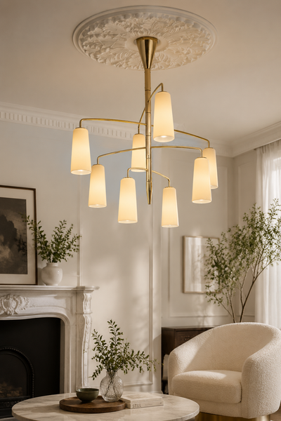 Mid-Century Modern Multi-Head Gold Chandelier with Cream Tapered Shades