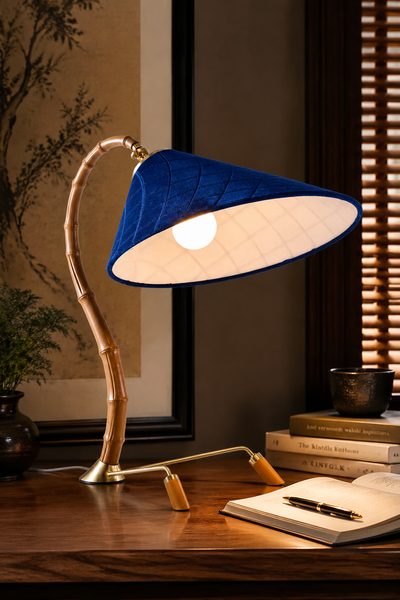 Modern Bamboo Style Table Lamp with Quilted Blue Velvet Shade
