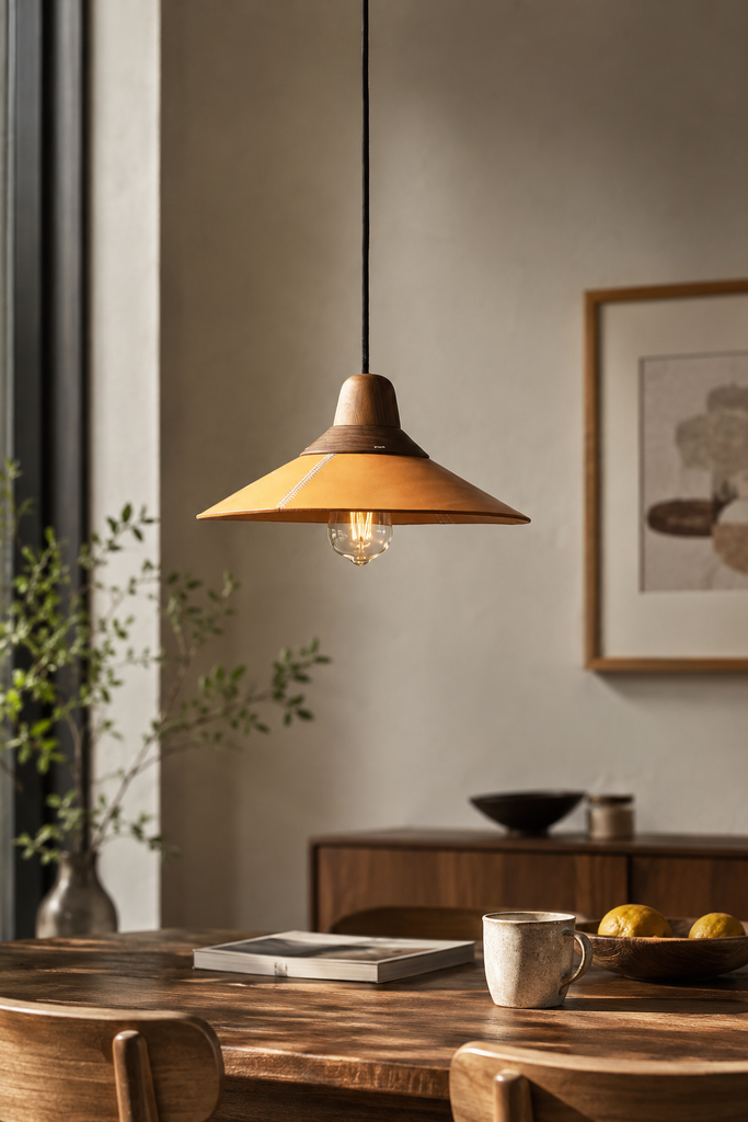 Modern Leather and Wood Pendant Light