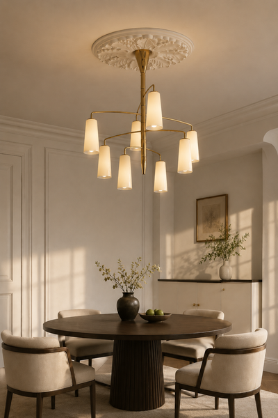 Mid-Century Modern Multi-Head Gold Chandelier with Cream Tapered Shades
