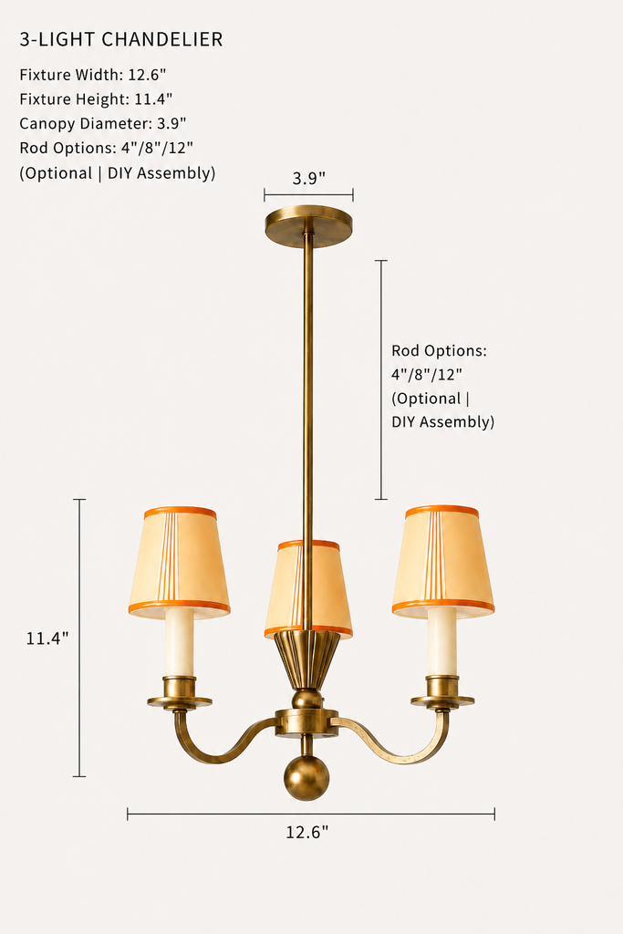 Vintage Art Deco 3-Light Brass Chandelier