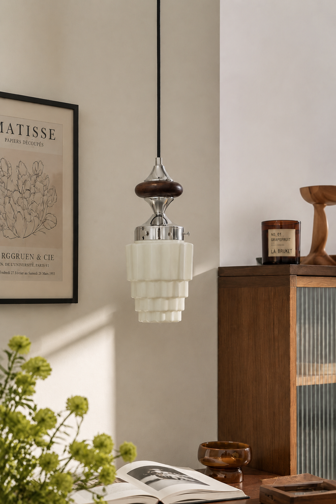 Mid-Century Modern Pleated Glass Pendant Light with Wood Accent