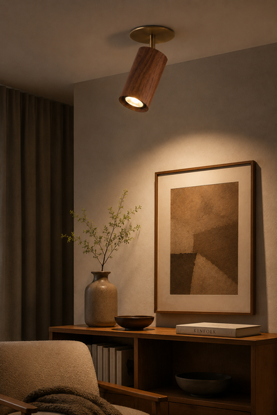 Modern Solid Wood and Brushed Brass Adjustable Recessed Spotlight