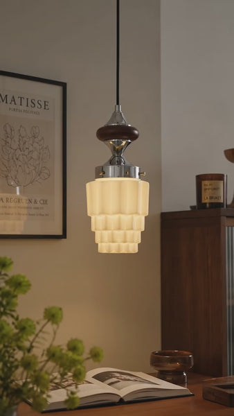 Mid-Century Modern Pleated Glass Pendant Light with Wood Accent