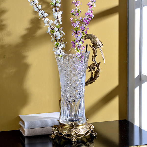 Gilt Bronze Crystal Flower Vase with Bird Standing -  westmenlights