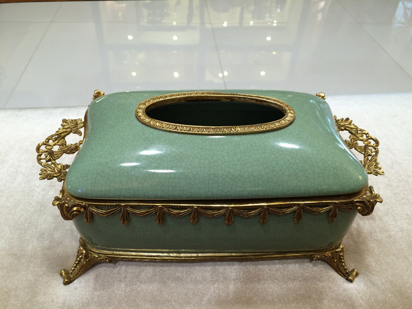 Gilded Bronze Ormolu Porcelain Tissue Box Centerpiece -  westmenlights