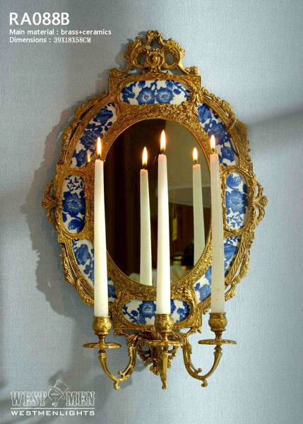 Gilt Brass Ormolu Wall Mirror with Candle Holder -  westmenlights