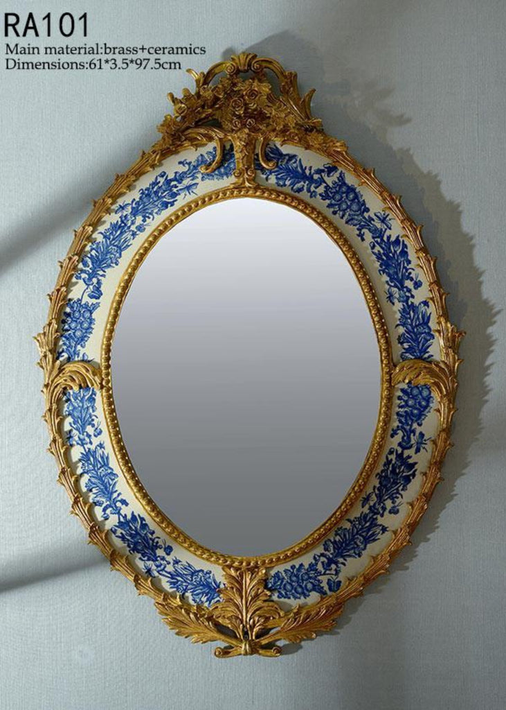 Oval Gilt Bronze Blue and White Hanging Mirror -  westmenlights